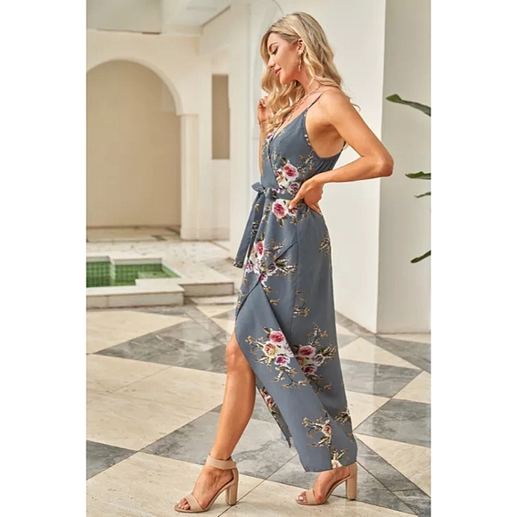 LAST ONE! Plus Size ADDISON Gray And Floral Wrap Maxi Dress With Slit - Picture 5 of 6